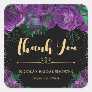 Watercolor Purple Gold Glam Roses Bridal Shower Square Sticker