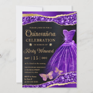 Watercolor Purple Gold Glitter Dress Quinceanera Invitation