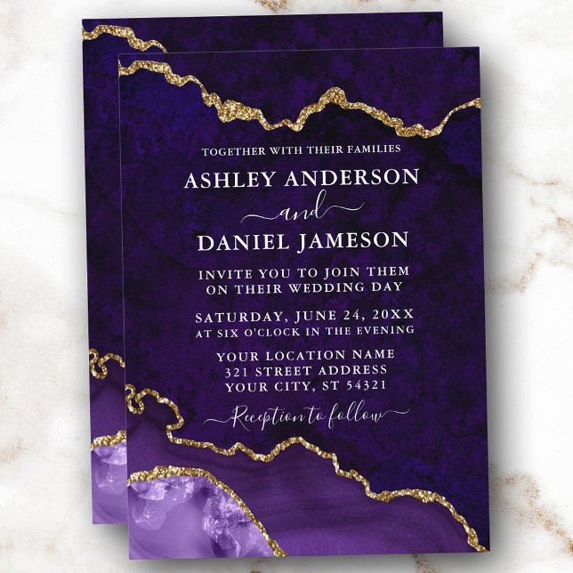 Watercolor Purple Gold Marble Agate Geode Wedding Invitation (Customize to change text size or text style.)