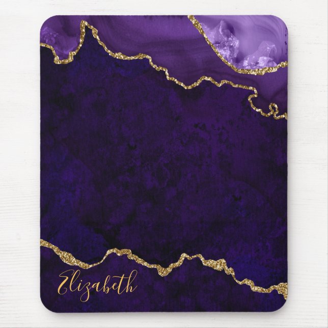 Watercolor Purple Gold Marble Geode Agate Mouse Pad (Front)