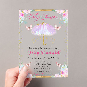 Watercolor Purple Gold Spring Umbrella Baby Shower Acrylic Invitations