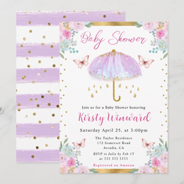 Watercolor Purple Gold Spring Umbrella Baby Shower Invitation (Front/Back)