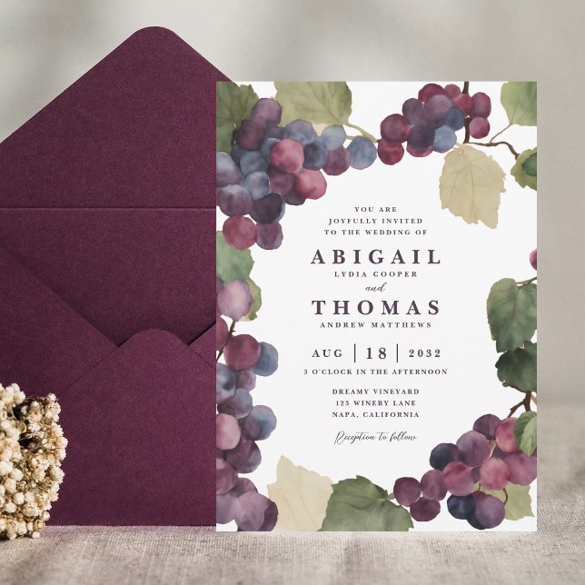 Watercolor Purple Grape Vine Vineyard Wedding Invitation (Vineyard Wedding Invitation Suite, Winery Wine Country Gouache Watercolor Purple Grape Vine Invite )