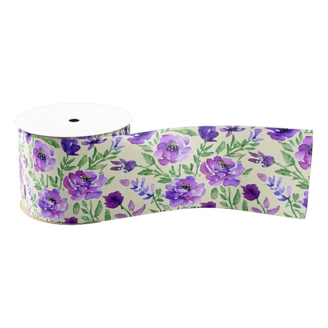 Watercolor Purple Green Floral French Country  Grosgrain Ribbon (Spool)