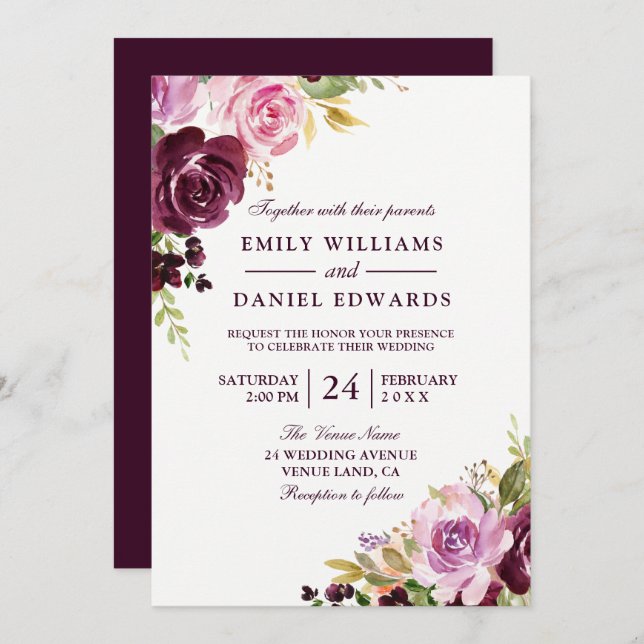 Watercolor Purple Green Leaf Wedding Invitation (Front/Back)