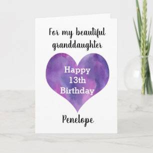 Watercolor Purple Heart Happy 13th Granddaughter Card