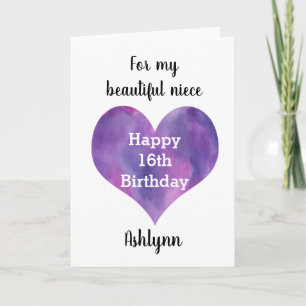 Watercolor Purple Heart Happy 16th Birthday Niece Card
