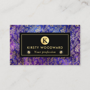 Watercolor Purple Ink Pattern with Gold Leaves Business Card