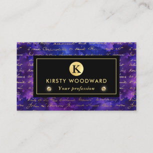 Watercolor Purple Ink Pattern with Gold script Business Card