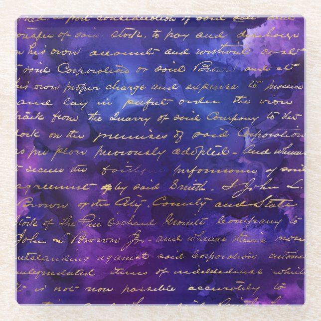 Watercolor Purple Ink Pattern with Gold script Glass Coaster (Front)