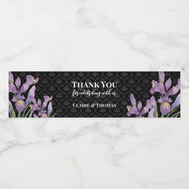 Watercolor Purple Iris Black Damask Water Bottle Label (Single Label)