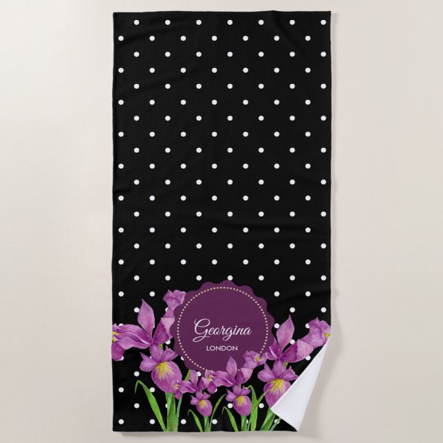 Watercolor Purple Iris Black White Polka Dots Beach Towel (Front)