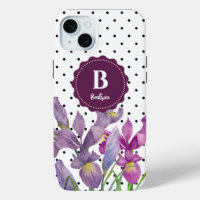 Watercolor Purple Iris Black White Polka Dots
