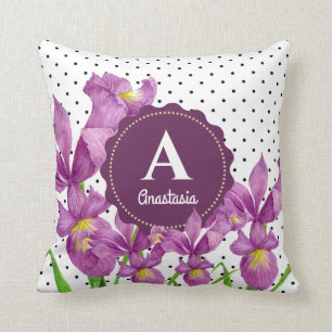 Watercolor Purple Iris Black White Polka Dots Cushion
