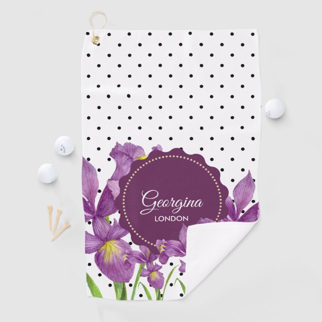Watercolor Purple Iris Black White Polka Dots Golf Towel (InSitu)