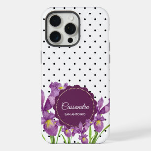 Watercolor Purple Iris Black White Polka Dots iPhone 15 Pro Max Case