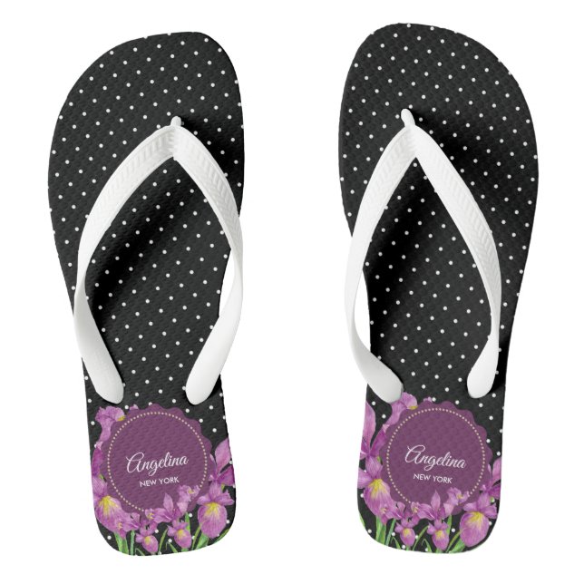 Watercolor Purple Iris Black White Polka Dots Jandals (Footbed)