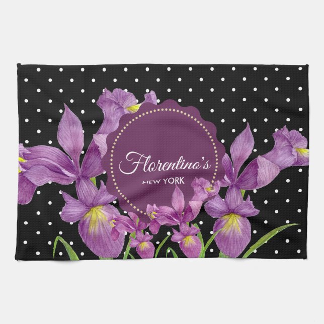 Watercolor Purple Iris Black White Polka Dots Tea Towel (Horizontal)