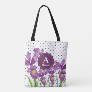 Watercolor Purple Iris Black White Polka Dots Tote Bag