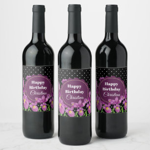 Watercolor Purple Iris Black White Polka Dots Wine Label