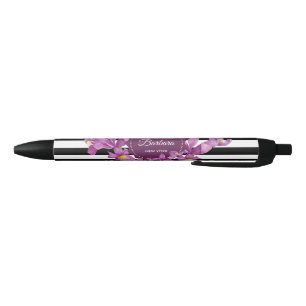 Watercolor Purple Iris Black White Stripes Pattern Black Ink Pen