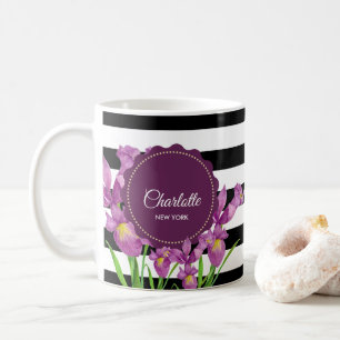 Watercolor Purple Iris Black White Stripes Pattern Coffee Mug