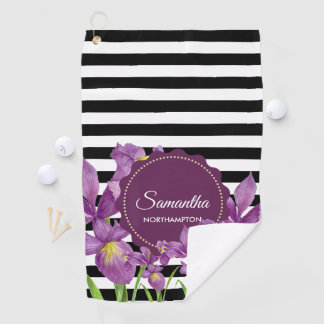 Watercolor Purple Iris Black White Stripes Pattern Golf Towel