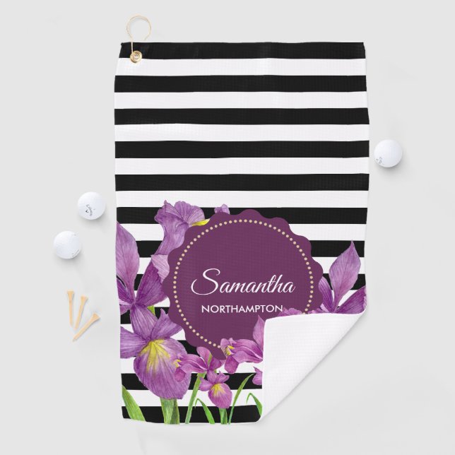 Watercolor Purple Iris Black White Stripes Pattern Golf Towel (InSitu)