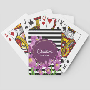 Watercolor Purple Iris Black White Stripes Pattern Playing Cards