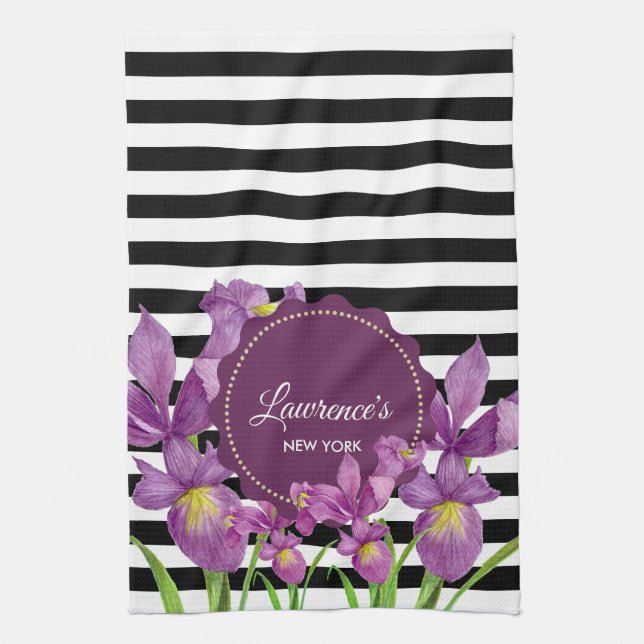 Watercolor Purple Iris Black White Stripes Pattern Tea Towel (Vertical)