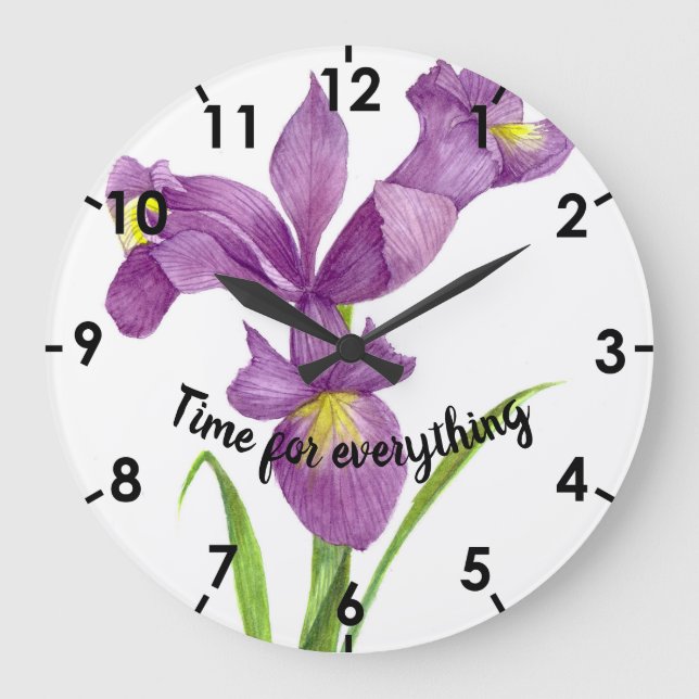 Watercolor Purple Iris Botanical Floral Art Large Clock (Front)