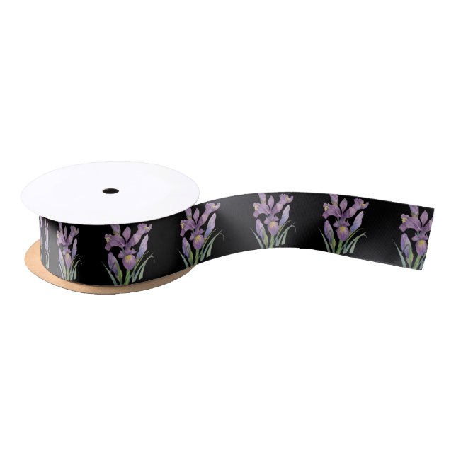 Watercolor Purple Iris Botanical Floral Black Satin Ribbon (Spool)