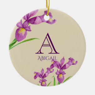 Watercolor Purple Iris Botanical Floral Monogram Ceramic Tree Decoration
