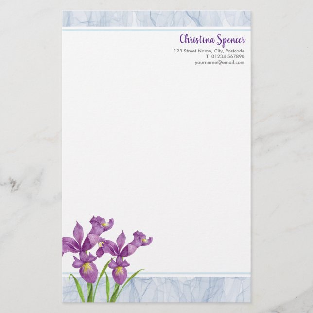 Watercolor Purple Iris Botanical Floral Organza Stationery (Front)