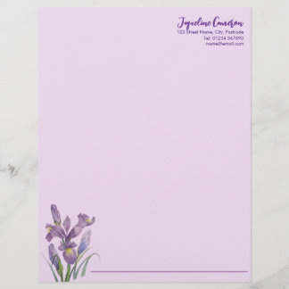 Watercolor Purple Iris Botanical Illustration Custom Letterhead