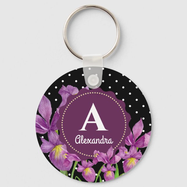 Watercolor Purple Iris Botanical Polka Dots Key Ring (Front)