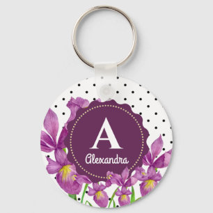 Watercolor Purple Iris Botanical Polka Dots Key Ring