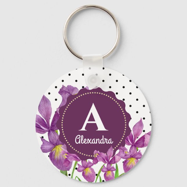 Watercolor Purple Iris Botanical Polka Dots Key Ring (Front)