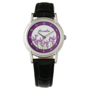 Watercolor Purple Iris Botanical White Numbers Watch