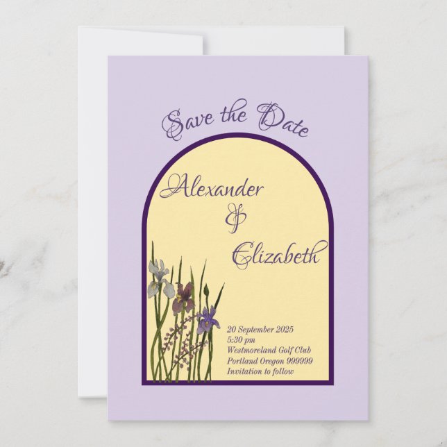 Watercolor Purple Iris & Butter Yellow Save Date Invitation (Front)