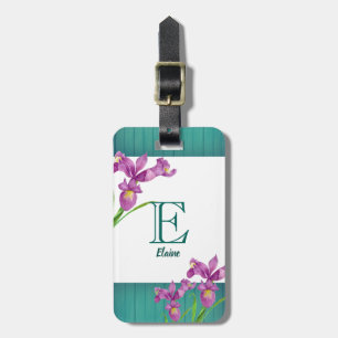 Watercolor Purple Iris Floral Art Monogram Luggage Tag