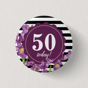 Watercolor Purple Iris Floral Black White Stripes 3 Cm Round Badge