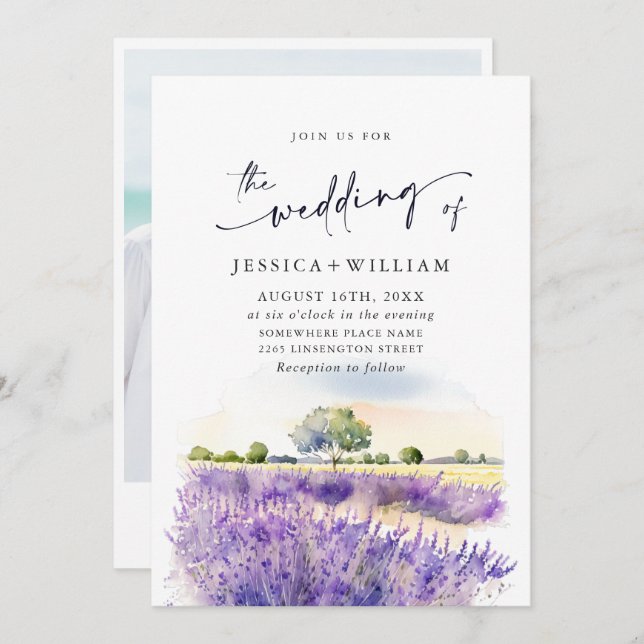 Watercolor Purple Lavender Field Wedding Photo Invitation (Front/Back)