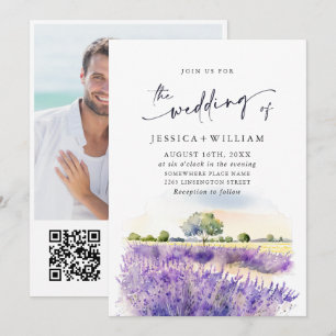 Watercolor Purple Lavender Field Wedding Photo QR Invitation