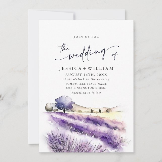 Watercolor Purple Lavender Field Wedding Photo QR Invitation (Front)