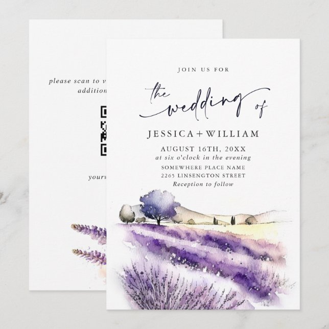 Watercolor Purple Lavender Field Wedding QR code Invitation (Front/Back)