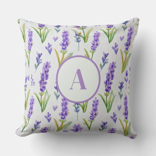 Watercolor Purple Lavender Pattern Monogram Cushion (Front)