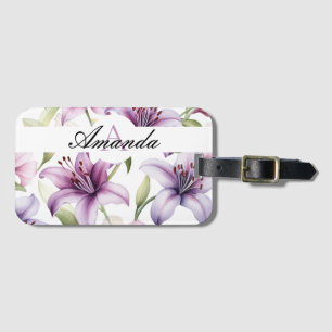 Watercolor Purple Leafy Lily Pattern Monogram Luggage Tag