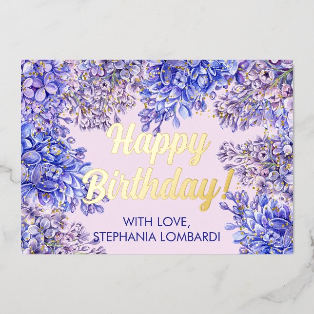Watercolor Purple Lilac Flowers Birthday Gold  (Front)
