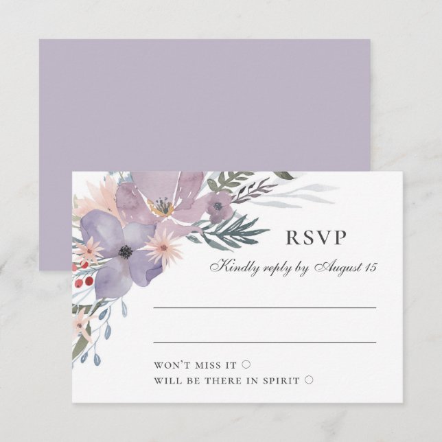 Watercolor purple lilac flowers. Floral wedding RSVP Card (Front/Back)